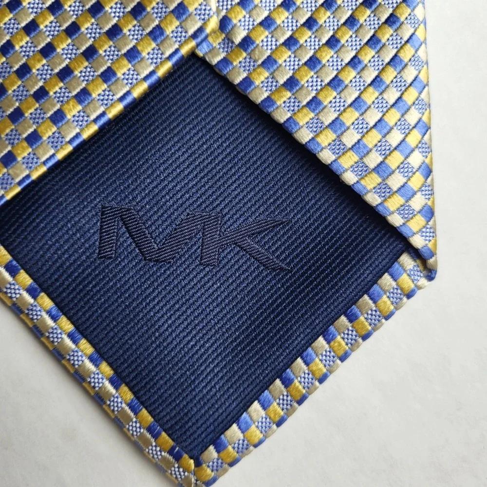 Michael Kors Blue Gold Checkered Silk Necktie Formal Business‎ Accessory